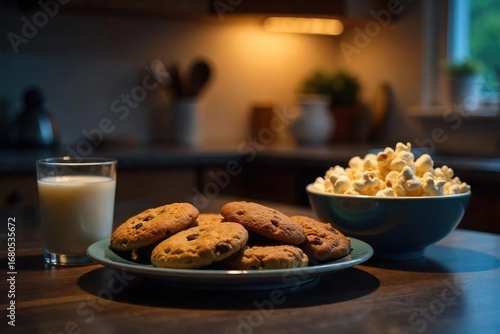 Wallpaper Mural Late Night Cookie Indulgence A Dimly Lit Kitchen Scene with Cookies, Milk, and Popcorn Torontodigital.ca