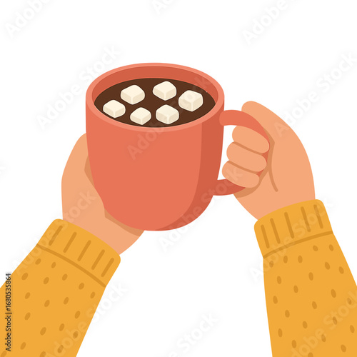 Cozy comfort: hands holding a warm cup of hot chocolate with marshmallows
