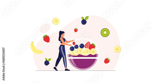 Healthy Lifestyle Depicted, Woman Preparing Fruit Bowl, Eating Habits Concept Illustration