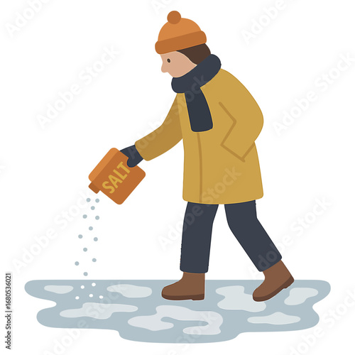 Winter safety: person spreading salt on icy path with warm clothing