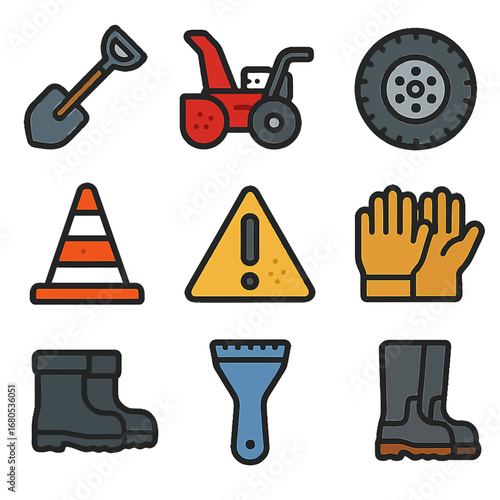 Colorful collection of construction and safety equipment icons for various projects