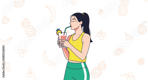 Healthy Lifestyle: Woman Enjoying a Refreshing Fruit Smoothie in a Delightful Illustration