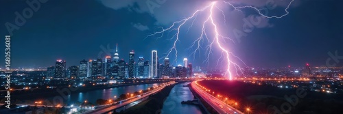 Wallpaper Mural A fast-paced, dynamic close-up shot of a bolt of lightning striking a cityscape at night, symbolizing rapid business growth and innovation , lightning, nighttime, bolt Torontodigital.ca