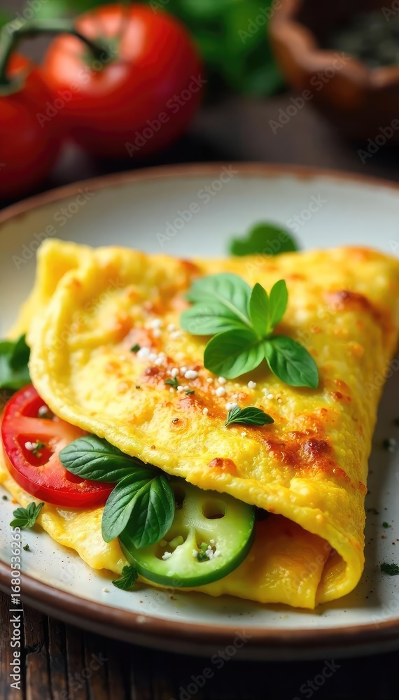 custom made wallpaper toronto digitalA fluffy, golden-brown omelet brimming with fresh vegetables and cheese, ready to be enjoyed for a delicious breakfast Served on a rustic plate, garnished with fresh herbs , omelet, fresh