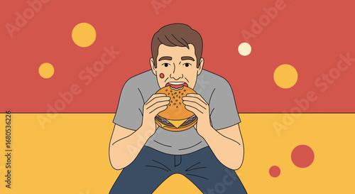 Hungry Person Devouring A Large Burger In A Modern Flat Design Illustration