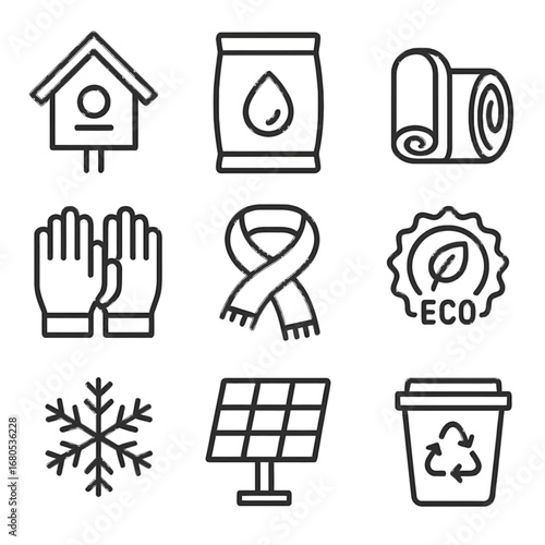 Minimalist winter icons for eco-friendly and sustainable living