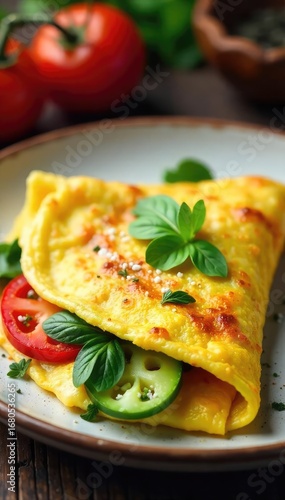 Wallpaper Mural A fluffy, golden-brown omelet brimming with fresh vegetables and cheese, ready to be enjoyed for a delicious breakfast Served on a rustic plate, garnished with fresh herbs , omelet, fresh Torontodigital.ca