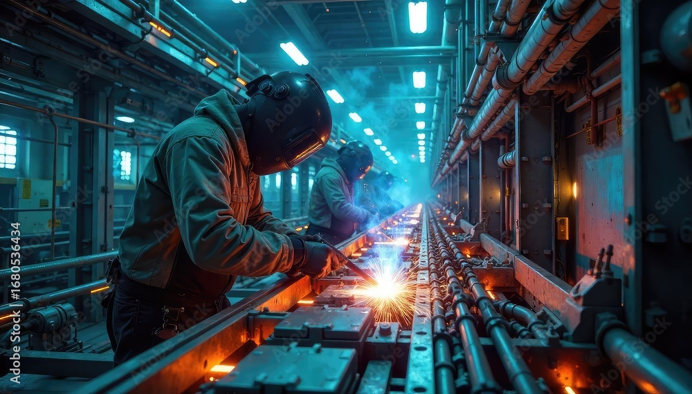custom made wallpaper toronto digitalFuturistic Power Plant Advanced Welding Creates Seamless Energy Network. Glowing Conduits and Intricate Metal Structures Highlight Cutting-Edge Robotic Technology in a Sleek, Modern Setting.