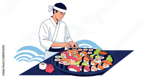 Japanese Chef Crafting Exquisite Sushi Platter, Culinary Artistry And Gastronomic Delight
