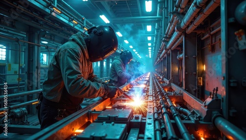 Wallpaper Mural Futuristic Power Plant Advanced Welding Creates Seamless Energy Network. Glowing Conduits and Intricate Metal Structures Highlight Cutting-Edge Robotic Technology in a Sleek, Modern Setting. Torontodigital.ca