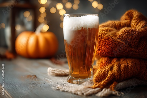 A glass of beer next to a pumpkin and orange sweater on a table