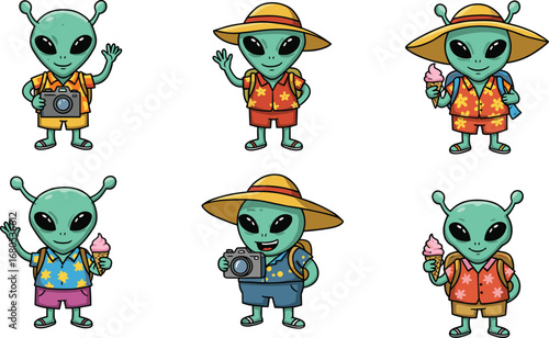 Cute green alien tourist cartoon character in summer vacation clothes with hat, ice cream, and camera vector illustration