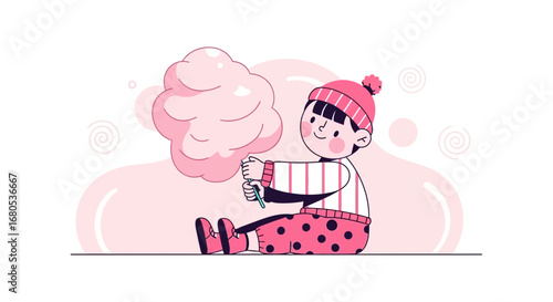 Joyful Child Enjoying Fluffy Cotton Candy, Sitting And Smiling With Delight