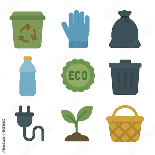 Eco-friendly waste management icons set featuring recycling, garbage, and sustainability elements