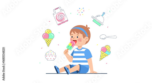 Joyful Child Relishing Ice Cream on a Sun-Kissed Day with Sweet Treats