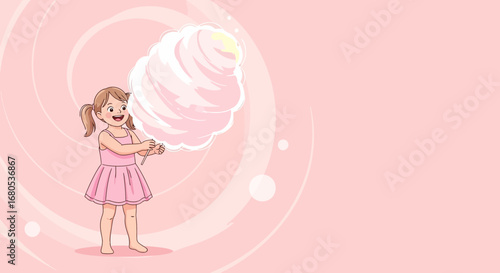 Joyful Girl Holding Fluffy Cotton Candy Against a Soft Pink Background