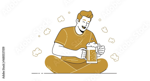 Joyful Man Enjoying Beer And Relaxing While Sitting On The Floor.