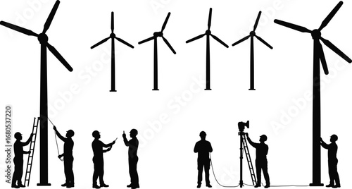 Wind turbine workers maintaining renewable energy system, construction silhouette, electricity repair service, clean power industry, black vector illustration, energy system maintenance