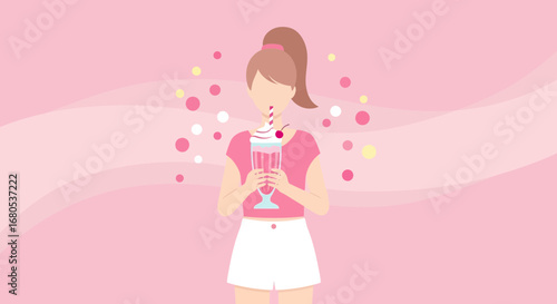 Joyful Woman Sipping a Delightful Pink Drink Amidst Floating Circular Elements