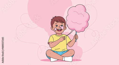 Joyful Young Boy Enjoying Cotton Candy While Sitting, Smiling, And Beaming with Delight