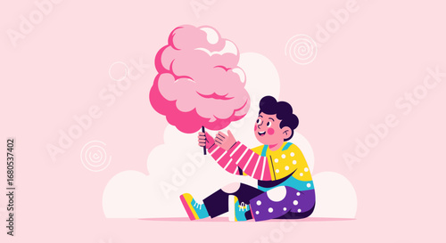 Joyful Youth Holds Gigantic Pink Cotton Candy on Soft Subtle Pastel Background