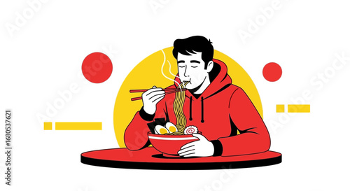 Man Enjoying Delicious Ramen Noodles From Bowl While Using Chopsticks and Eating