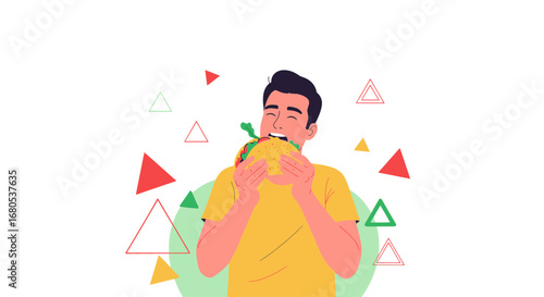 Man Enjoying A Delicious Burger With Geometric Shapes Background Illustration