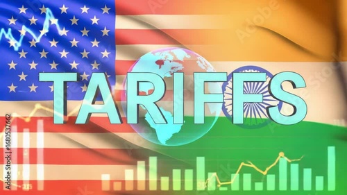 Tariffs text over american and indian flags with global chart and bar graph illustration image