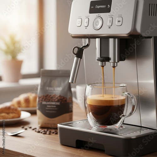 Coffee machine filling a cup with espresso. Transparent glass mug in automated coffeemaker machine. 