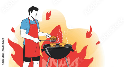 Man Grilling Burgers on a BBQ with Flames in a Vibrant Colorful Illustration