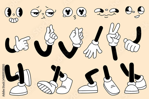Cartoon groovy collection of legs with sneakers and retro rubber hose limbs, gloved hands and expressive faces for animation style. Vintage comic character parts for stickers or mascot designs.