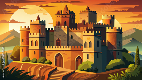 Gondar Castles, Ethiopia, display high towers, crenellated walls, and royal enclosures. Sunset enhances stone surfaces; semi-realistic flat vector with layered architecture and deep golden accents.