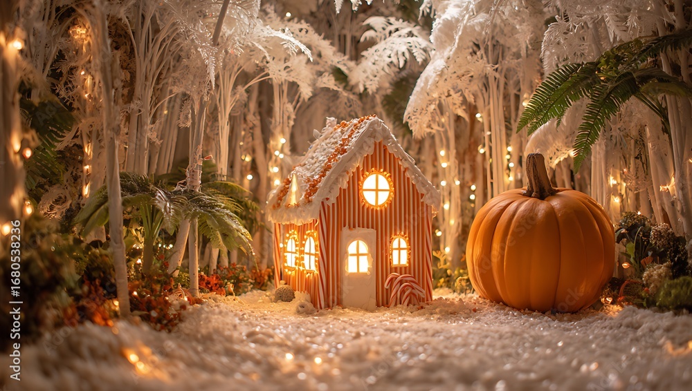 Obraz premium A small wooden house in a snowy forest with a pumpkin outside