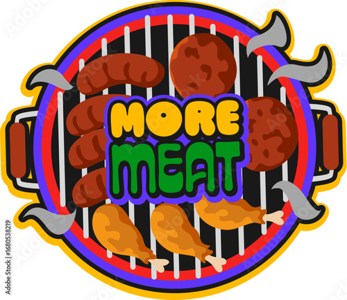 Barbeque meal, butchery store retro Y2K sticker or print. Steak BBQ 60s Y2K vector sticker, meat farm shop retro tag. Barbeque party label with chicken drumsticks, sausages and ground beef on grill