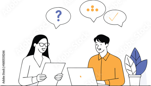 A doctor and patient communicate in an office while a business woman thinks with a speech bubble vector icon above her head