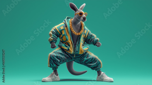 Funky 3D Kangaroo in Retro 90s Athleisure Tracksuit with Gold Chain on Mint Green Background
