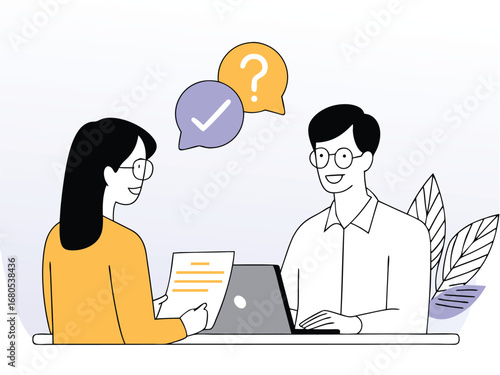 Business people with laptops and speech bubbles work together in an office, illustrating communication, technology, and social networking