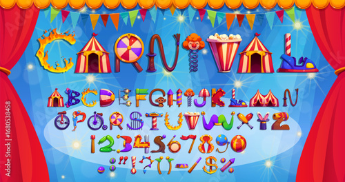Cartoon retro carnival typeface and circus font for entertainment, vector type. Big top tent shapito English alphabet letters for kids font with circus clown and funfair carnival cartoon typeface