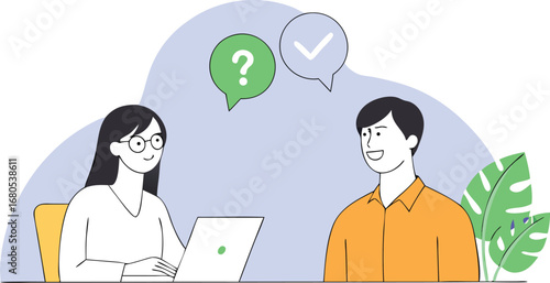A thoughtful young businesswoman is at her computer, with idea bubbles and a thought cloud symbolizing her creative business communication concept