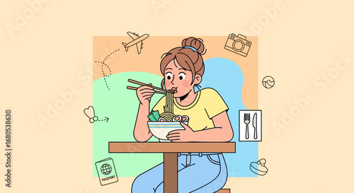 Person Enjoying Delicious Noodles While Dreaming About Travel Adventures Abroad