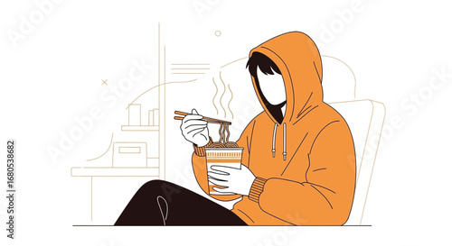 Person Enjoying Instant Noodles in Sketchy Style: A Comfortable And Relaxed Meal