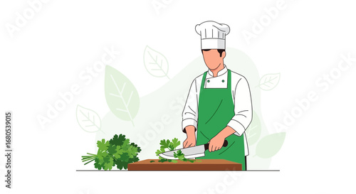 Professional Chef Preparing Fresh Herbs on a Cutting Board in a Minimalist Kitchen Setting