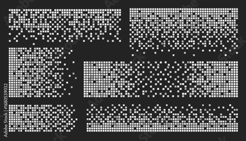Cube pixel pattern set with white geometric dispersal effects, digital dissolution and data fragmentation for tech designs. Matrix grid backgrounds with scattered blocks. Glitch art transitions