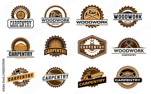 Carpentry woodwork icons with wood and carpentry work tools, vector construction and timber industry. Saw blade brown badges with handyman hammers, tree boards and planes, axes and jack planes