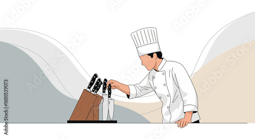 Professional Chef Selecting A Knife For Culinary Tasks In Sophisticated Kitchen Setting