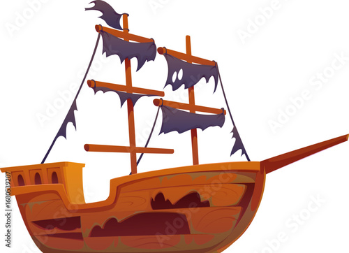 Cartoon haunted pirate ship with tattered black sails, wooden planks and ghostly cutouts, evoking a spooky, abandoned maritime vibe. Vector corsair boat for Halloween, fantasy or adventure game assets
