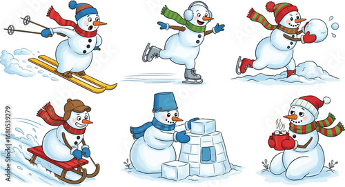 Cute cartoon snowmen skiing, sledding, ice skating, snowball fight, igloo building, winter fun activities, hot cocoa, holiday festive illustration