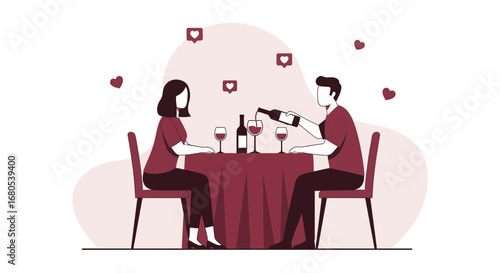 Romantic Dinner Illustration Depicts A Couple Enjoying Wine And A Heartfelt Moment