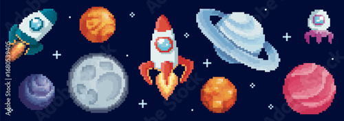 Pixel space planet set with rocket ship, moon and Saturn rings for cosmic adventure game. 8 bit UFO, Mars sphere with stars. Retro galaxy spacecraft for sci fi shooter or astronomy educational app.