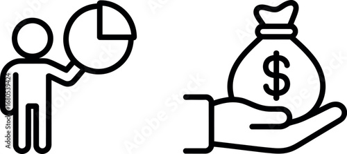 Concept of financial growth and investment strategy person holding pie chart and hand with money bag silhouette